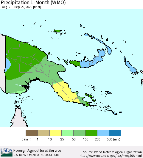 Papua New Guinea Precipitation 1-Month (WMO) Thematic Map For 8/21/2020 - 9/20/2020