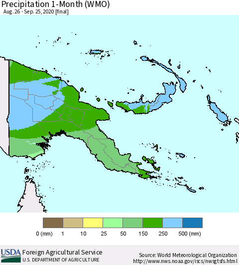 Papua New Guinea Precipitation 1-Month (WMO) Thematic Map For 8/26/2020 - 9/25/2020