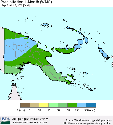 Papua New Guinea Precipitation 1-Month (WMO) Thematic Map For 9/6/2020 - 10/5/2020