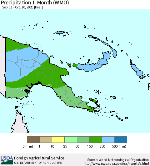 Papua New Guinea Precipitation 1-Month (WMO) Thematic Map For 9/11/2020 - 10/10/2020