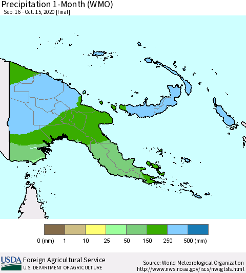 Papua New Guinea Precipitation 1-Month (WMO) Thematic Map For 9/16/2020 - 10/15/2020