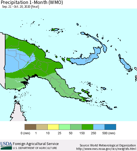 Papua New Guinea Precipitation 1-Month (WMO) Thematic Map For 9/21/2020 - 10/20/2020