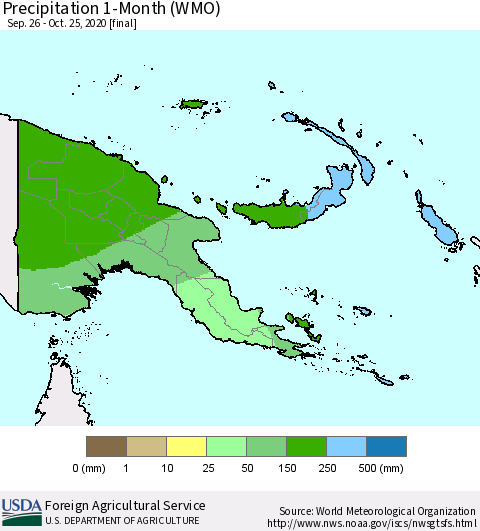 Papua New Guinea Precipitation 1-Month (WMO) Thematic Map For 9/26/2020 - 10/25/2020