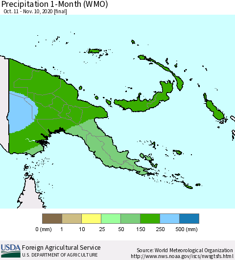 Papua New Guinea Precipitation 1-Month (WMO) Thematic Map For 10/11/2020 - 11/10/2020
