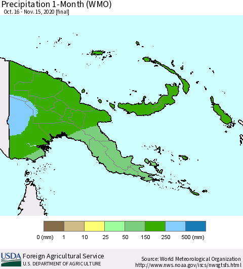 Papua New Guinea Precipitation 1-Month (WMO) Thematic Map For 10/16/2020 - 11/15/2020