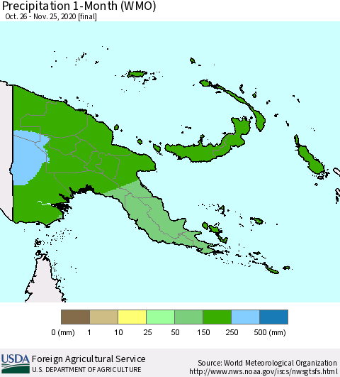 Papua New Guinea Precipitation 1-Month (WMO) Thematic Map For 10/26/2020 - 11/25/2020