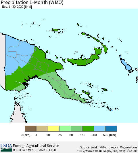 Papua New Guinea Precipitation 1-Month (WMO) Thematic Map For 11/1/2020 - 11/30/2020