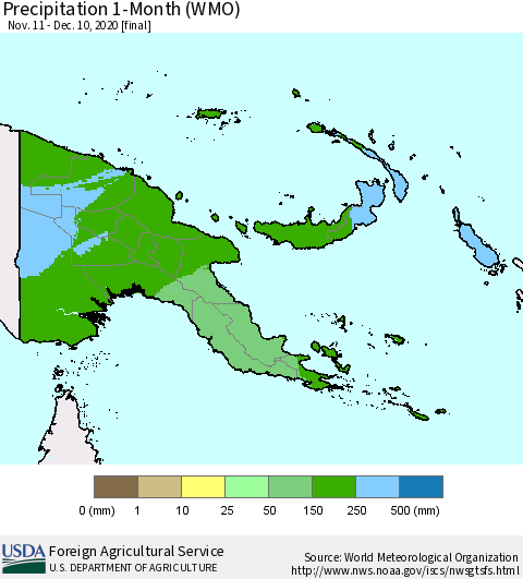Papua New Guinea Precipitation 1-Month (WMO) Thematic Map For 11/11/2020 - 12/10/2020