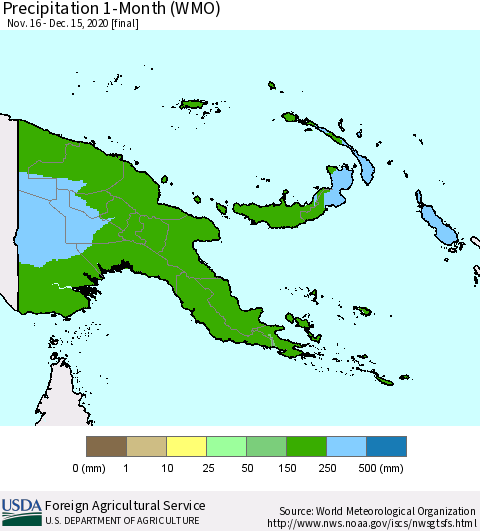 Papua New Guinea Precipitation 1-Month (WMO) Thematic Map For 11/16/2020 - 12/15/2020