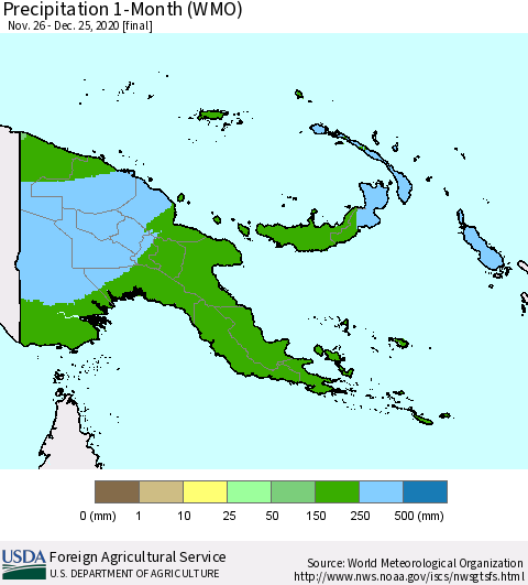 Papua New Guinea Precipitation 1-Month (WMO) Thematic Map For 11/26/2020 - 12/25/2020