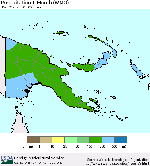 Papua New Guinea Precipitation 1-Month (WMO) Thematic Map For 12/21/2021 - 1/20/2022