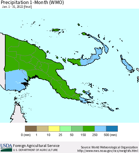 Papua New Guinea Precipitation 1-Month (WMO) Thematic Map For 1/1/2022 - 1/31/2022