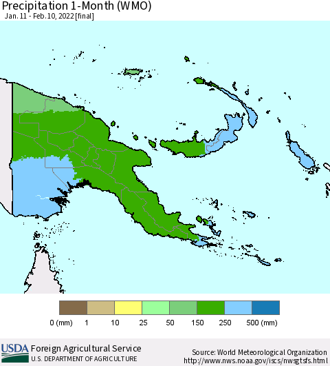 Papua New Guinea Precipitation 1-Month (WMO) Thematic Map For 1/11/2022 - 2/10/2022