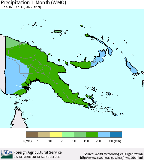 Papua New Guinea Precipitation 1-Month (WMO) Thematic Map For 1/16/2022 - 2/15/2022
