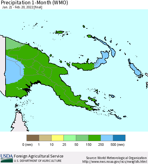 Papua New Guinea Precipitation 1-Month (WMO) Thematic Map For 1/21/2022 - 2/20/2022
