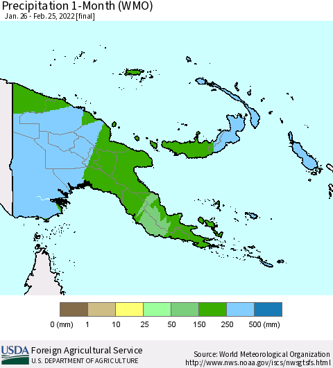 Papua New Guinea Precipitation 1-Month (WMO) Thematic Map For 1/26/2022 - 2/25/2022
