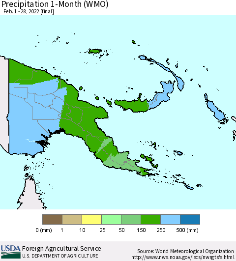 Papua New Guinea Precipitation 1-Month (WMO) Thematic Map For 2/1/2022 - 2/28/2022