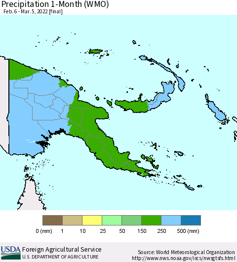 Papua New Guinea Precipitation 1-Month (WMO) Thematic Map For 2/6/2022 - 3/5/2022