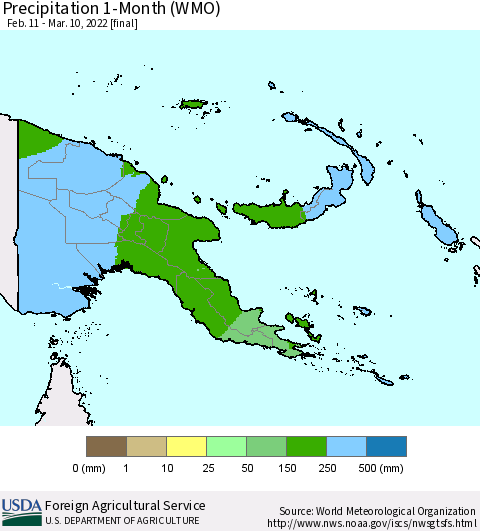 Papua New Guinea Precipitation 1-Month (WMO) Thematic Map For 2/11/2022 - 3/10/2022