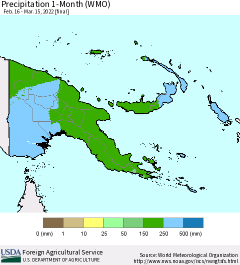 Papua New Guinea Precipitation 1-Month (WMO) Thematic Map For 2/16/2022 - 3/15/2022