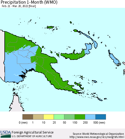 Papua New Guinea Precipitation 1-Month (WMO) Thematic Map For 2/21/2022 - 3/20/2022
