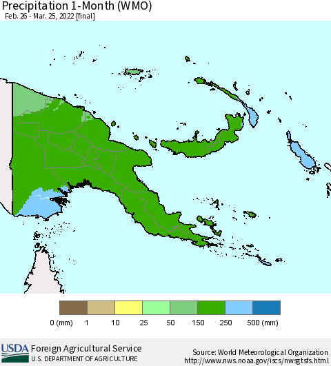Papua New Guinea Precipitation 1-Month (WMO) Thematic Map For 2/26/2022 - 3/25/2022