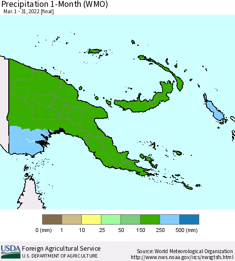 Papua New Guinea Precipitation 1-Month (WMO) Thematic Map For 3/1/2022 - 3/31/2022