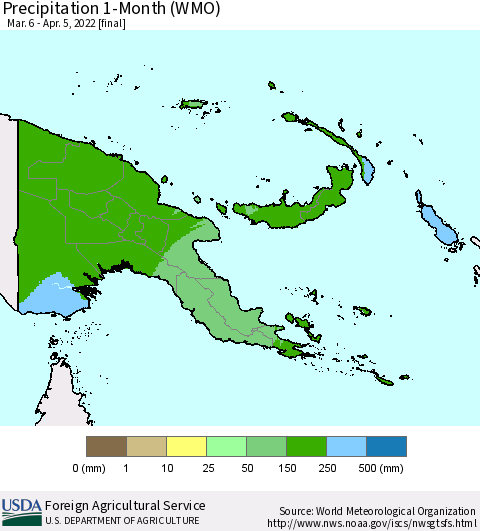 Papua New Guinea Precipitation 1-Month (WMO) Thematic Map For 3/6/2022 - 4/5/2022