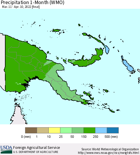 Papua New Guinea Precipitation 1-Month (WMO) Thematic Map For 3/11/2022 - 4/10/2022