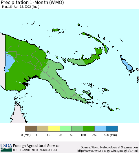 Papua New Guinea Precipitation 1-Month (WMO) Thematic Map For 3/16/2022 - 4/15/2022