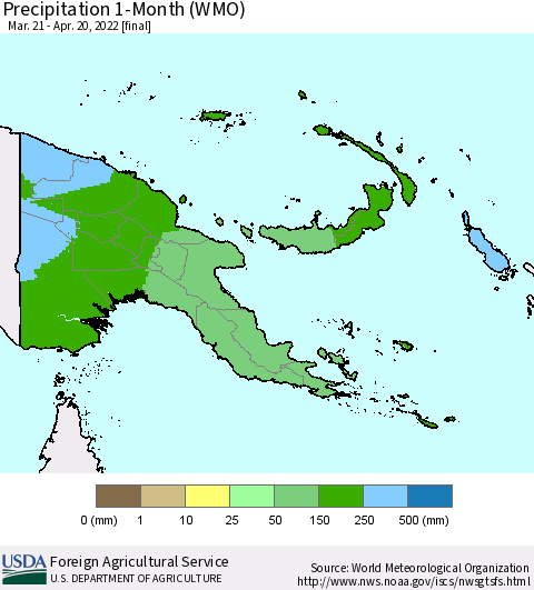 Papua New Guinea Precipitation 1-Month (WMO) Thematic Map For 3/21/2022 - 4/20/2022