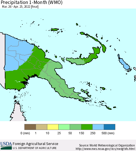 Papua New Guinea Precipitation 1-Month (WMO) Thematic Map For 3/26/2022 - 4/25/2022