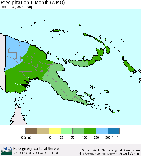 Papua New Guinea Precipitation 1-Month (WMO) Thematic Map For 4/1/2022 - 4/30/2022