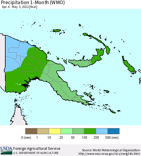 Papua New Guinea Precipitation 1-Month (WMO) Thematic Map For 4/6/2022 - 5/5/2022