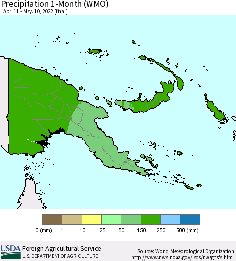 Papua New Guinea Precipitation 1-Month (WMO) Thematic Map For 4/11/2022 - 5/10/2022