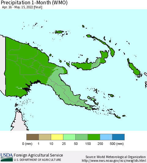 Papua New Guinea Precipitation 1-Month (WMO) Thematic Map For 4/16/2022 - 5/15/2022