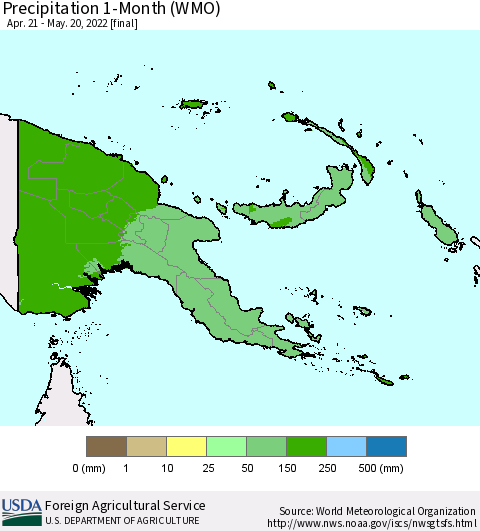 Papua New Guinea Precipitation 1-Month (WMO) Thematic Map For 4/21/2022 - 5/20/2022