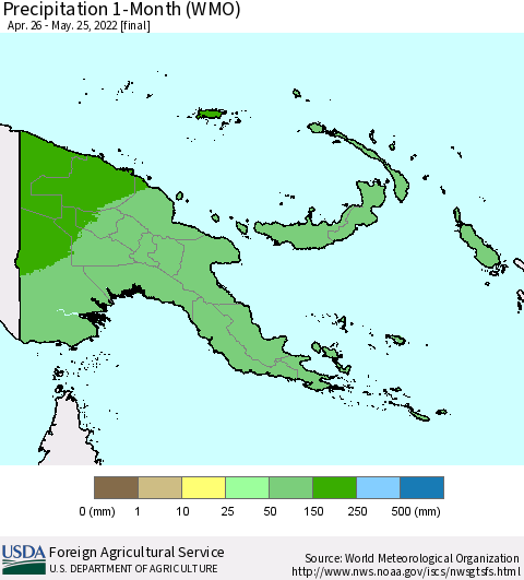 Papua New Guinea Precipitation 1-Month (WMO) Thematic Map For 4/26/2022 - 5/25/2022