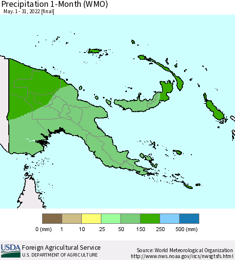 Papua New Guinea Precipitation 1-Month (WMO) Thematic Map For 5/1/2022 - 5/31/2022