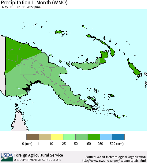 Papua New Guinea Precipitation 1-Month (WMO) Thematic Map For 5/11/2022 - 6/10/2022