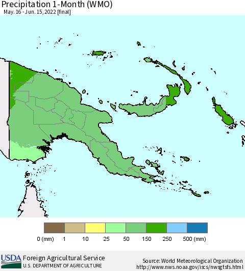 Papua New Guinea Precipitation 1-Month (WMO) Thematic Map For 5/16/2022 - 6/15/2022