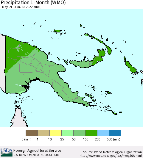 Papua New Guinea Precipitation 1-Month (WMO) Thematic Map For 5/21/2022 - 6/20/2022