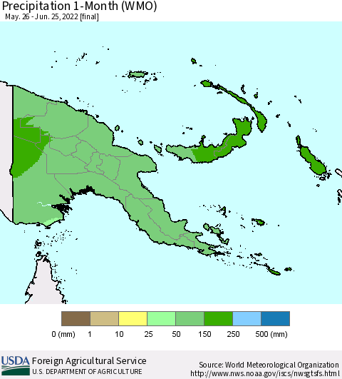 Papua New Guinea Precipitation 1-Month (WMO) Thematic Map For 5/26/2022 - 6/25/2022