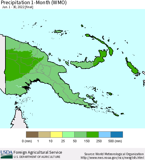 Papua New Guinea Precipitation 1-Month (WMO) Thematic Map For 6/1/2022 - 6/30/2022