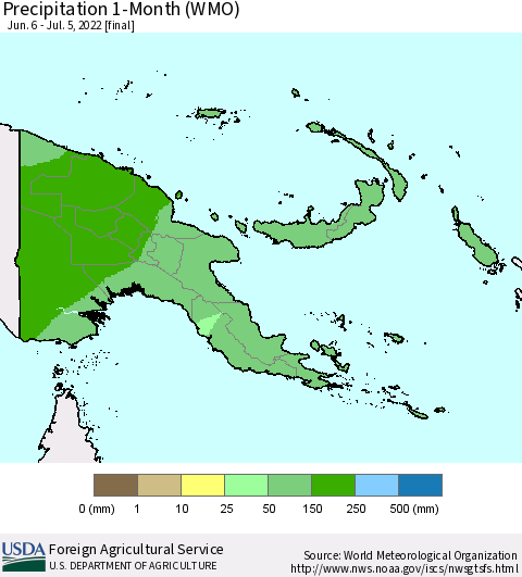 Papua New Guinea Precipitation 1-Month (WMO) Thematic Map For 6/6/2022 - 7/5/2022