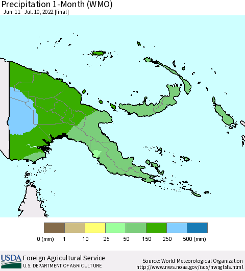 Papua New Guinea Precipitation 1-Month (WMO) Thematic Map For 6/11/2022 - 7/10/2022