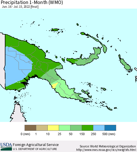 Papua New Guinea Precipitation 1-Month (WMO) Thematic Map For 6/16/2022 - 7/15/2022