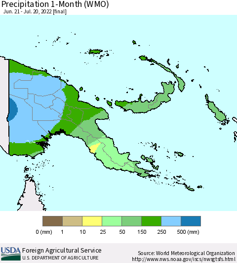 Papua New Guinea Precipitation 1-Month (WMO) Thematic Map For 6/21/2022 - 7/20/2022