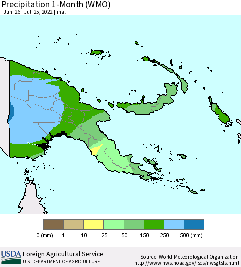 Papua New Guinea Precipitation 1-Month (WMO) Thematic Map For 6/26/2022 - 7/25/2022