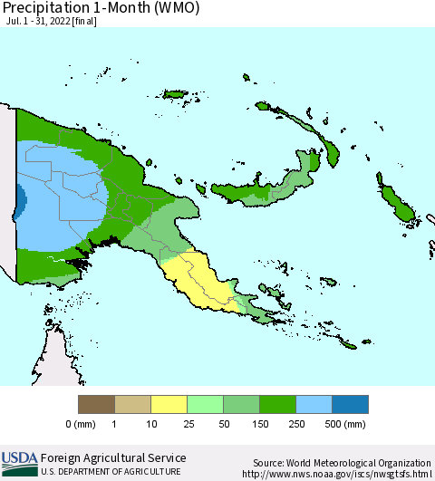 Papua New Guinea Precipitation 1-Month (WMO) Thematic Map For 7/1/2022 - 7/31/2022